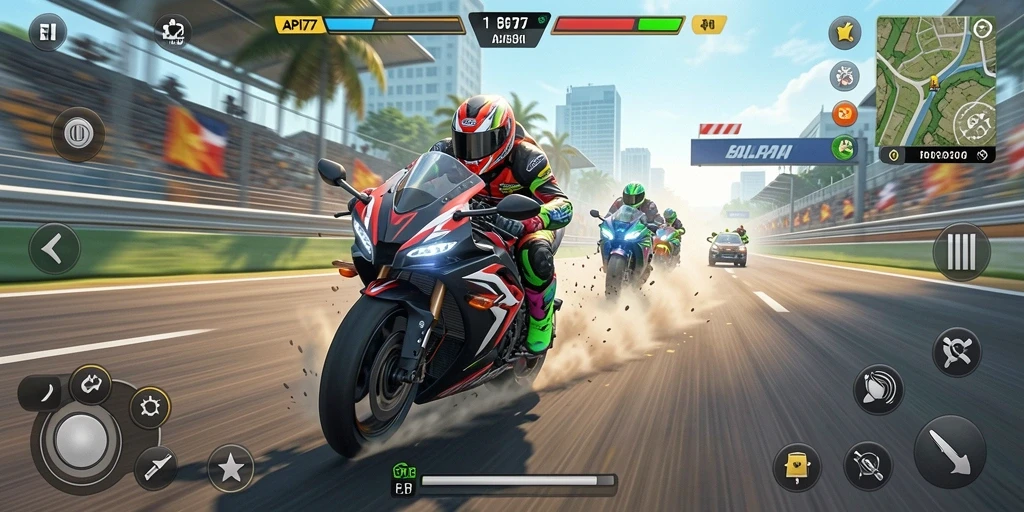Screenshot menunjukkan aksi balapan motor yang mendebarkan di API77.