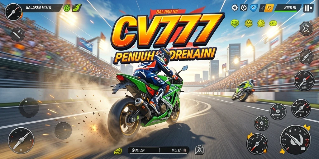 Screenshot utama CV777 menampilkan aksi seru motor balap.