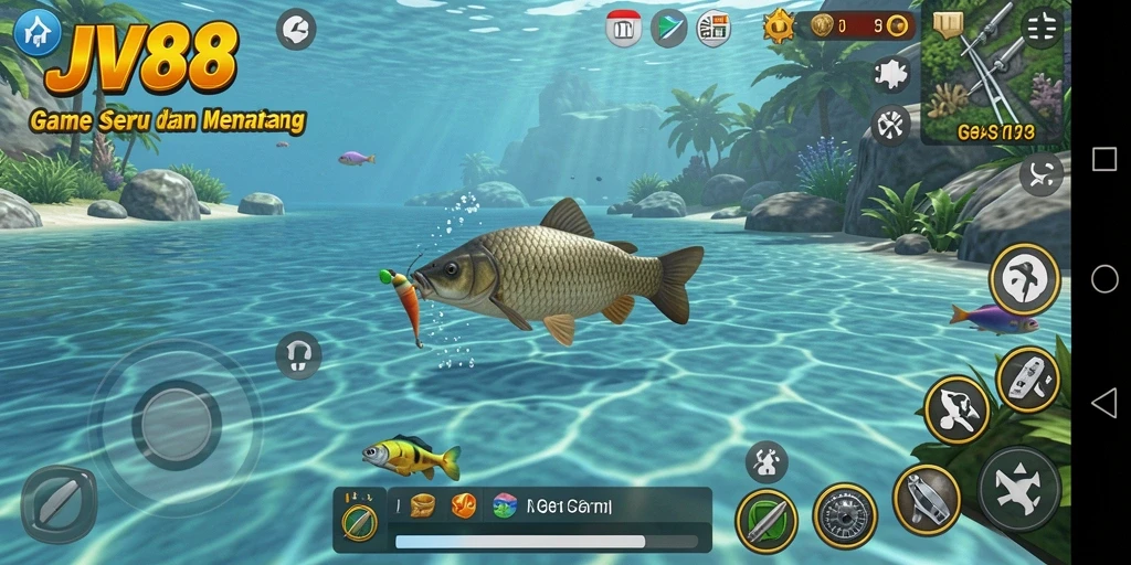 Tampilan gameplay JV88 yang menampilkan suasana memancing yang menenangkan.