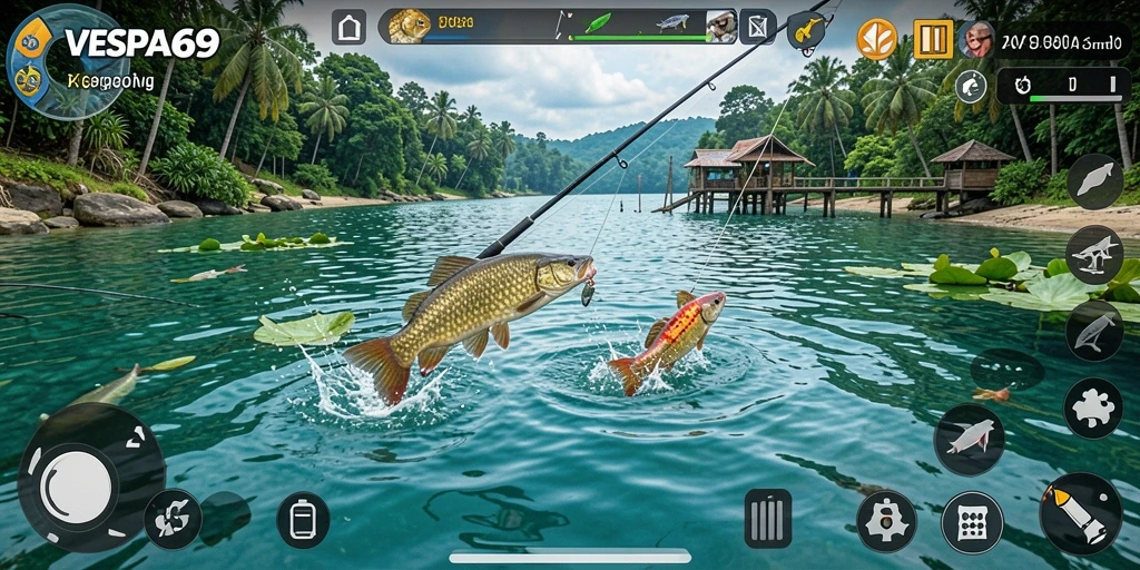 Screenshot gameplay VESPA69 dengan petualangan memancing yang seru.
